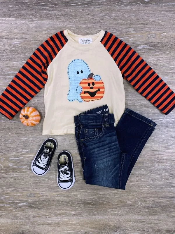 Effective time management techniques-Stripe Sleeve Ghost & Jack-o-lantern Halloween Top