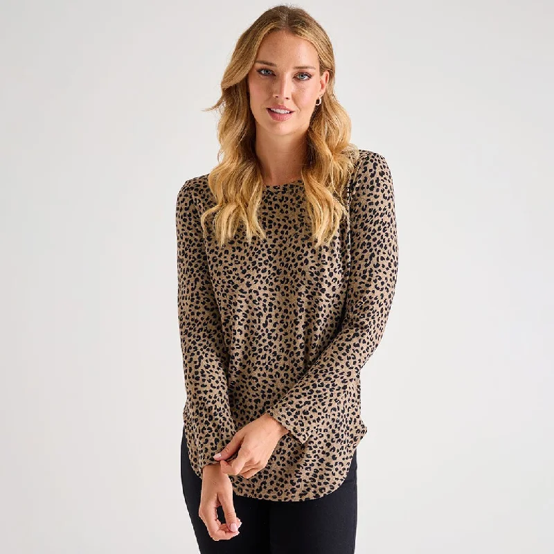 How to repair a drawer-Ladies Oatmeal Leopard Smudge Curved Hem Top