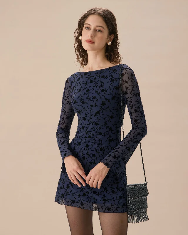 Dresses with chiffon-Women's Blue See-through Long Sleeve Mini Dress