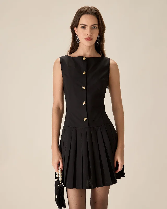 Dresses with linen-Black Boat Neck Pleated Mini Dress