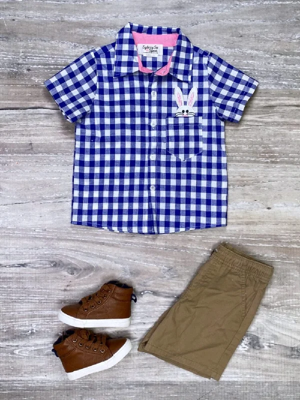 Top travel spots for 2025-Cool Bunny Blue Gingham Button Up Short Sleeve Boys Easter Top