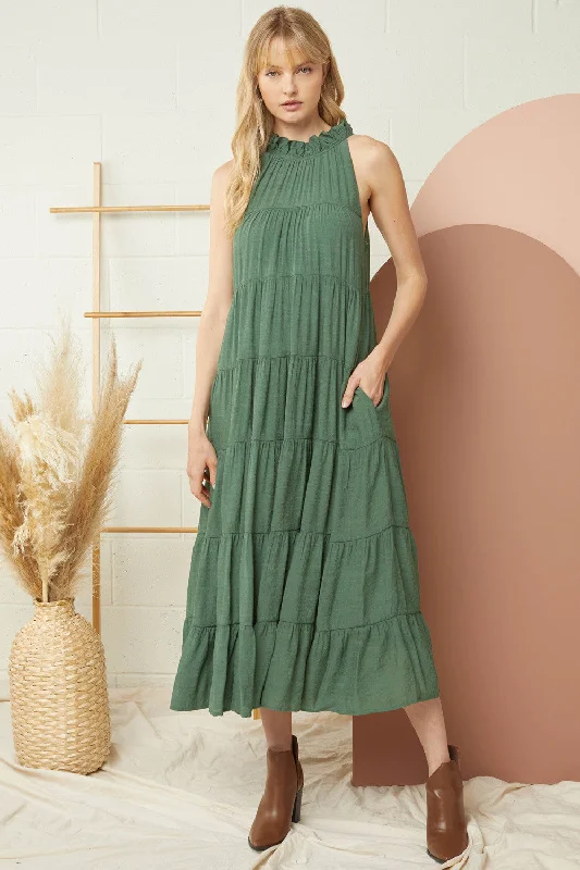 Dresses for resorts-Sleeveless Mock Neck Tiered Maxi Dress by Entro Clothing