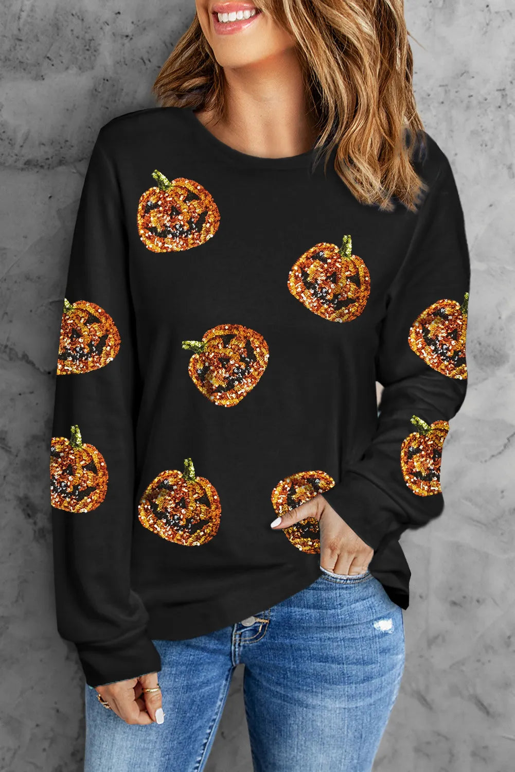 How to clean a microwave-Sequin Pumpkin Round Neck Long Sleeve Top