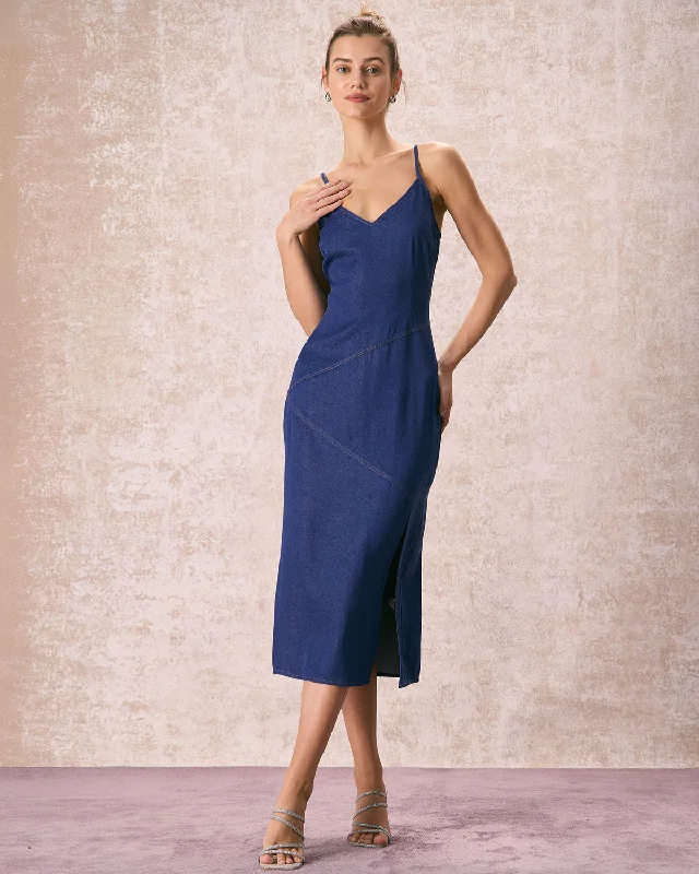 Dresses for exhibitions-The Navy V-Neck Side Split Slip Midi Dress