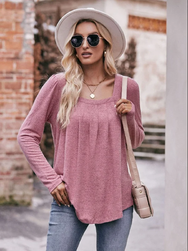 Top online business tools-Pleated Detail Curved Hem Long Sleeve Top