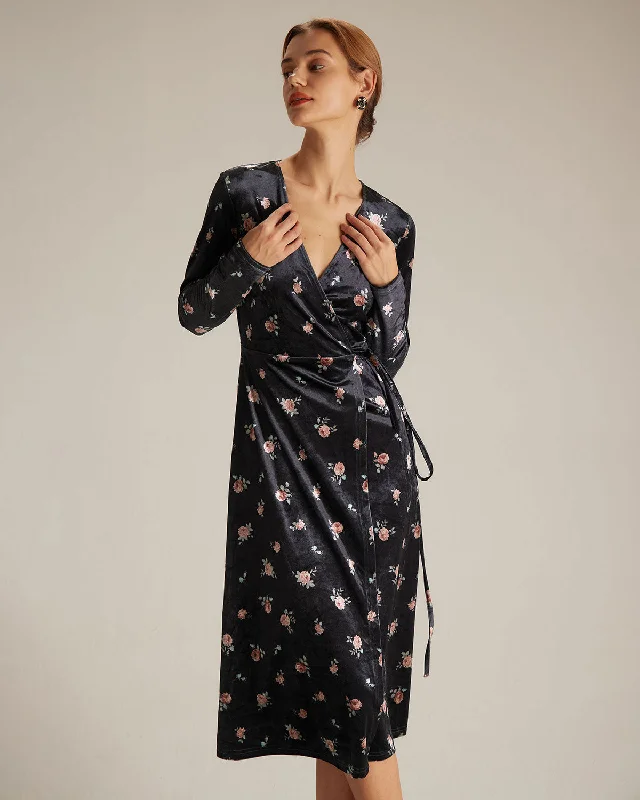 Dresses for airport style-The Black V Neck Floral Velvet Wrap Midi Dress