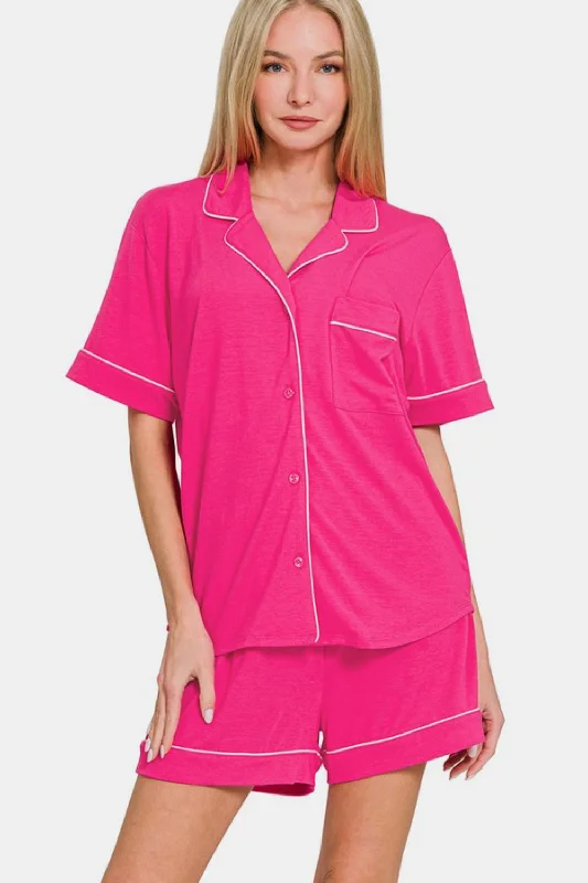 Top tips for email etiquette-Zenana Button Down Short Sleeve Top and Shorts Lounge Set