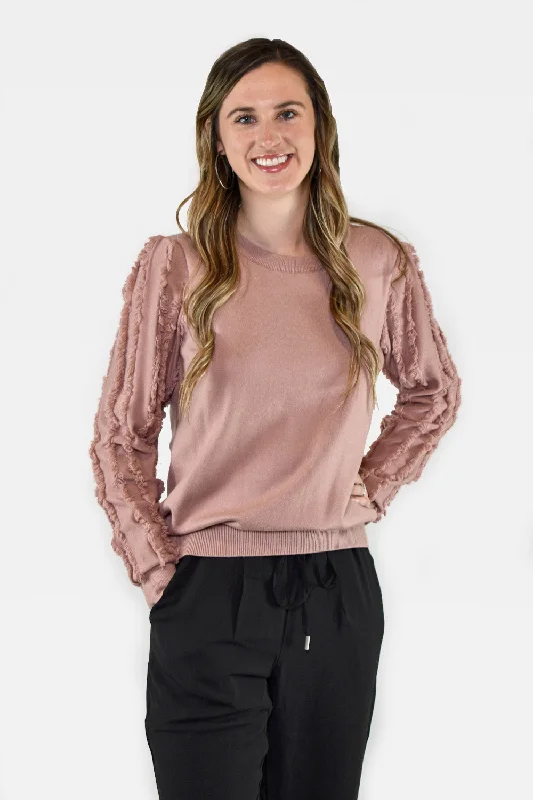 Sweaters for painting lessons-Fringe Sleeve Crew Neck Sweater by BiBi Clothing