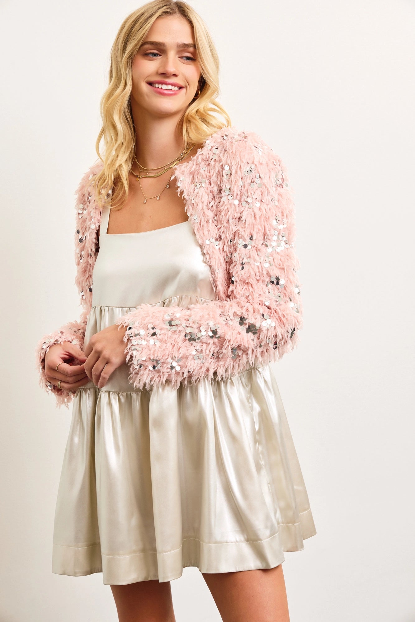 Jackets with elastic-Sequin Faux Feather Padded Shoulder Cropped Jacket