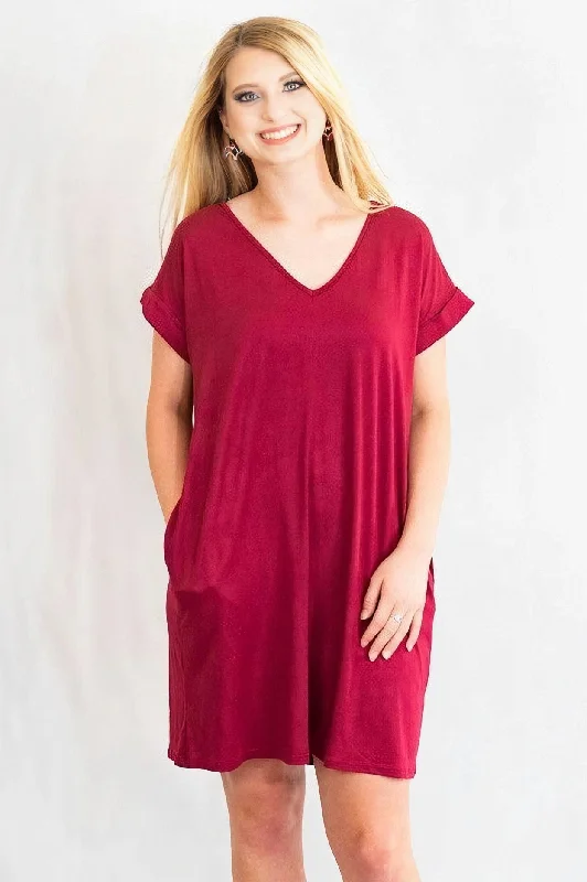 Dresses for limited offers-Cuffed Sleeve V-Neck T-Shirt Dress with Pockets by Entro