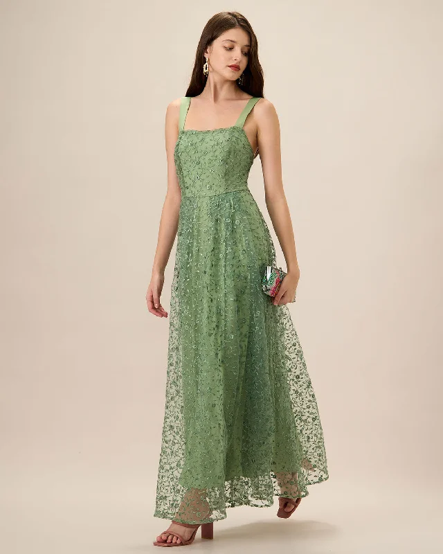 Dresses for bonfires-Women's Green Embroidery Mesh Slip Maxi Dress