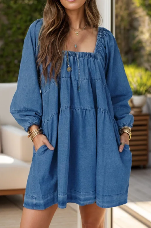 Dresses for prom-Tied Square Neck Long Sleeve Denim Dress with Pockets