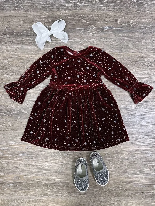 Dresses for elegant appearance-Burgundy Starry Night Velvet Flare Girls Dress