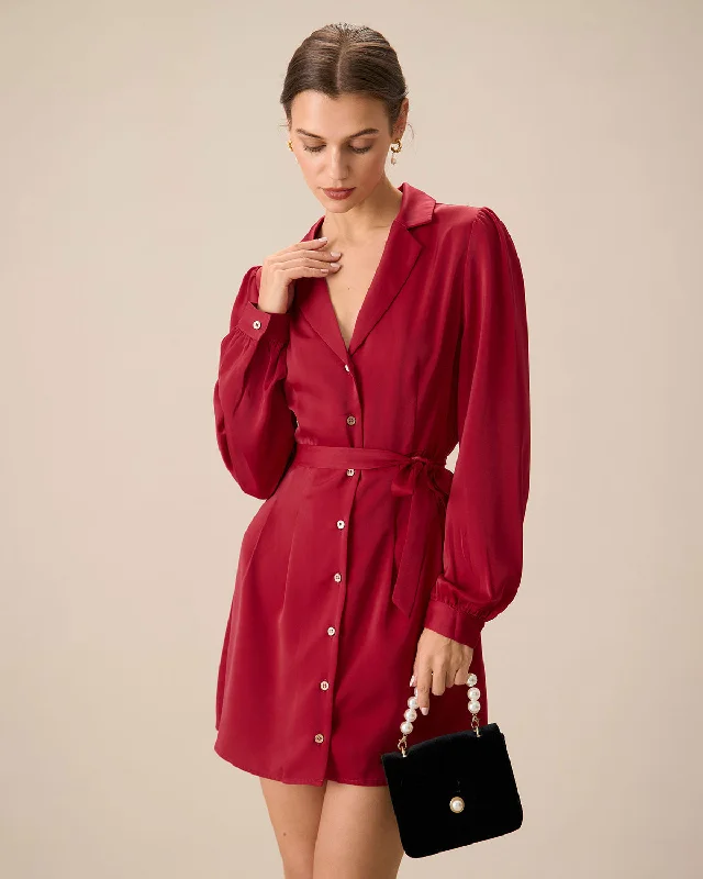 Dresses for picnics-Women's Red Satin Tie-Waist Mini Dress