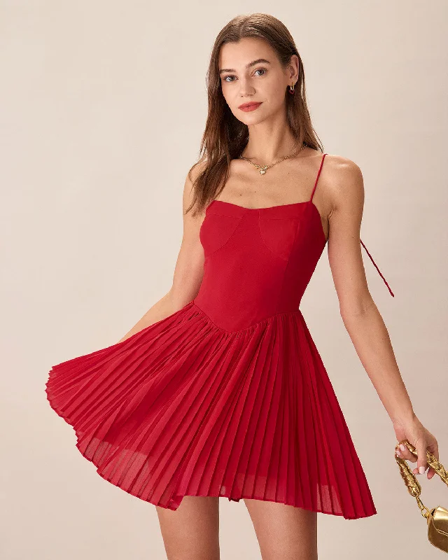 Dresses for gothic style-Red Chiffon Pleated Slip Mini Dress