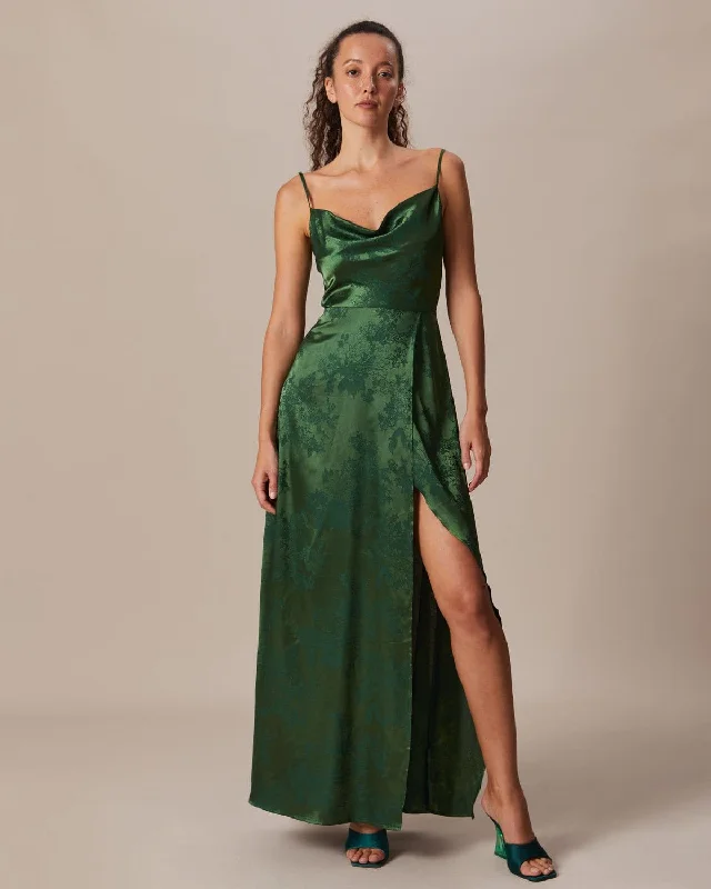 Dresses for errands-The Green Cowl Neck Jacquard Satin Maxi Dress