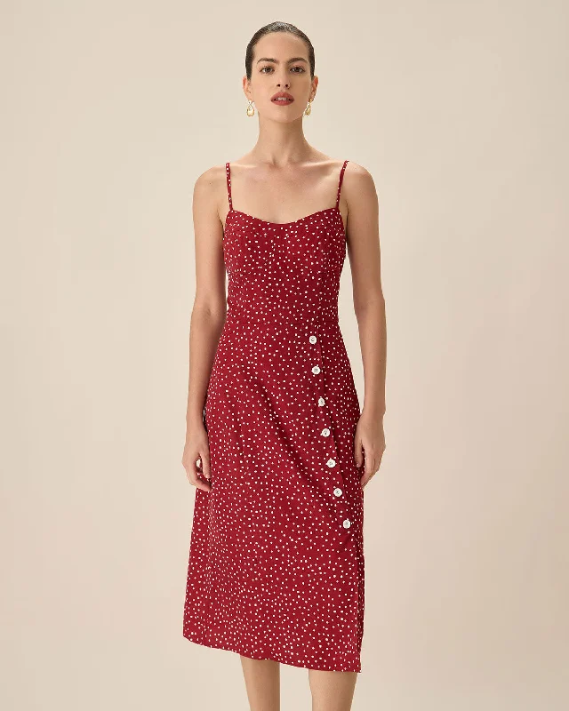 Dresses for live streams-Red Polka Dot Slip Midi Dress