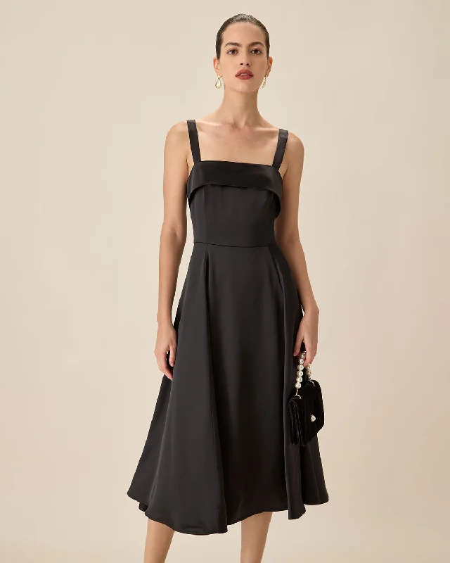 Dresses for 1980s fashion-Black Satin Slip Midi Dress