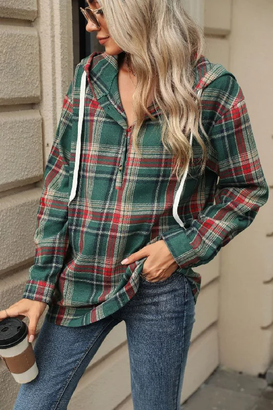 How to create a podcast intro-Drawstring Plaid Hooded Long Sleeve Top