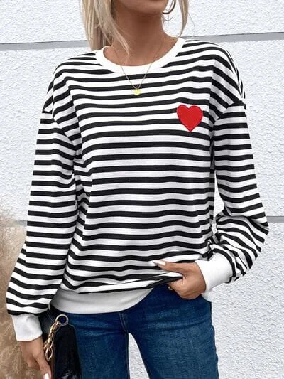 Hoodies & Sweatshirts collector-Heart Patch Striped Round Neck Long Sleeve Sweatshirt