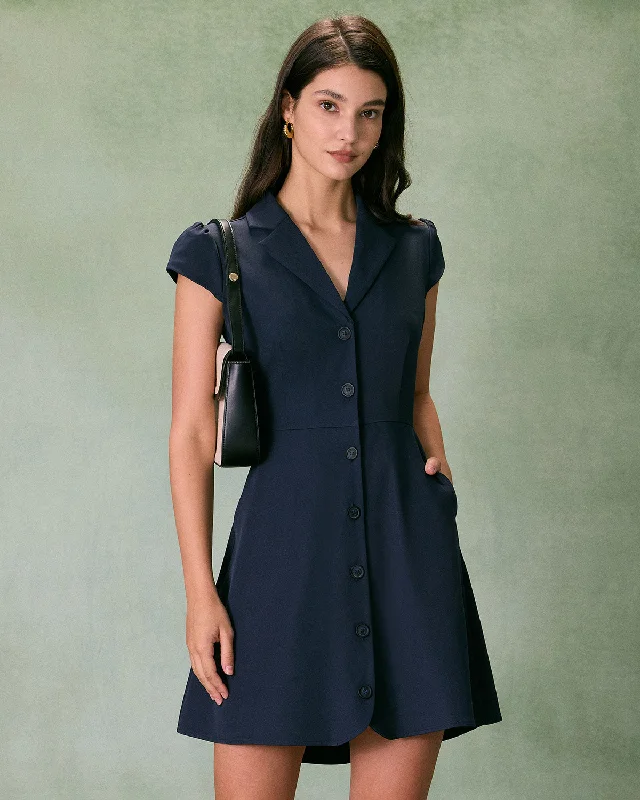 Dresses for rooftop parties-The Navy Lapel Cap Sleeve Button-up Mini Dress