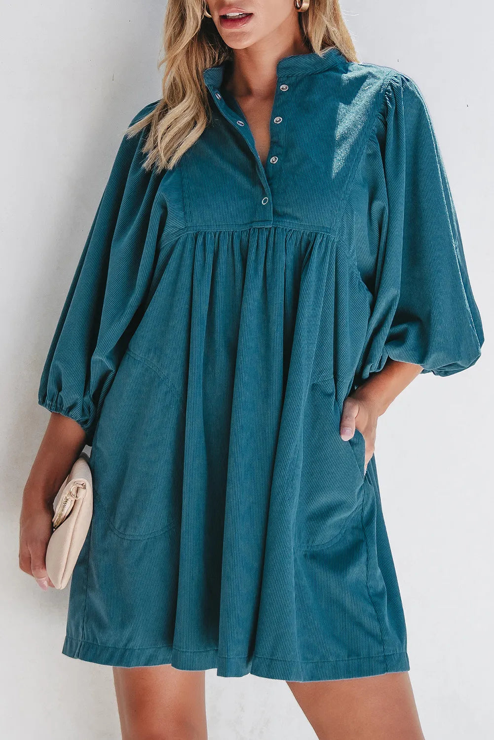 Dresses for hand-dyed-Quarter Snap Three-Quarter Sleeve Dress with Pockets