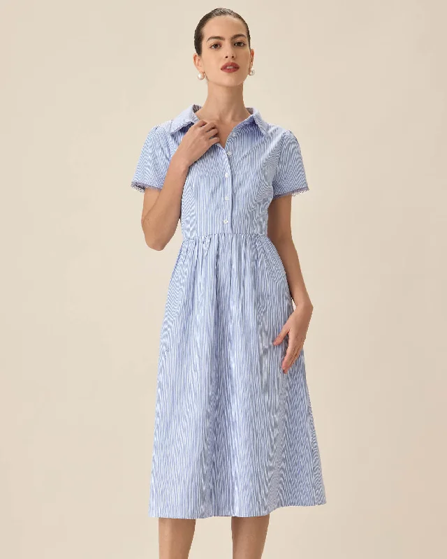 Dresses for dinner parties-Blue Striped Button Midi Dress