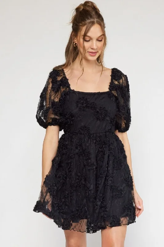 Dresses for trade shows-Floral Applique Square Neck Puff Sleeve Black Mini Dress by Entro Clothing