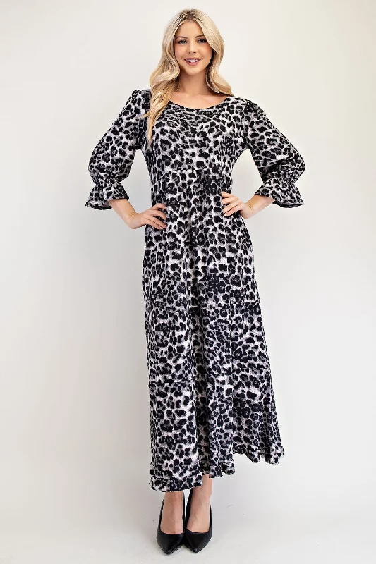 Dresses for Halloween-Celeste Full Size Leopard Round Neck Flounce Sleeve Dress