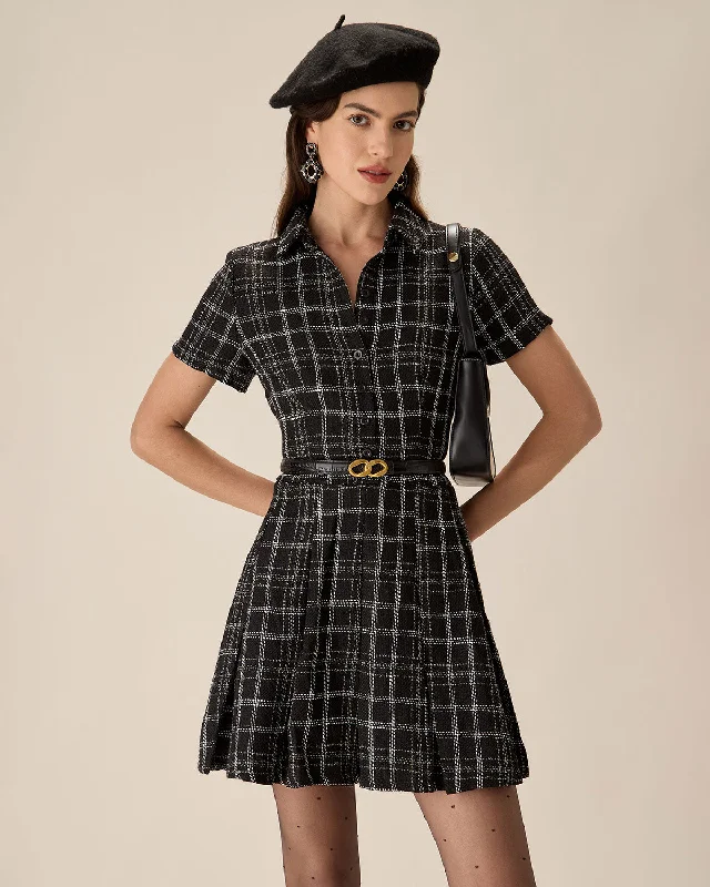 Dresses for school events-Black Plaid Tweed Mini Dress