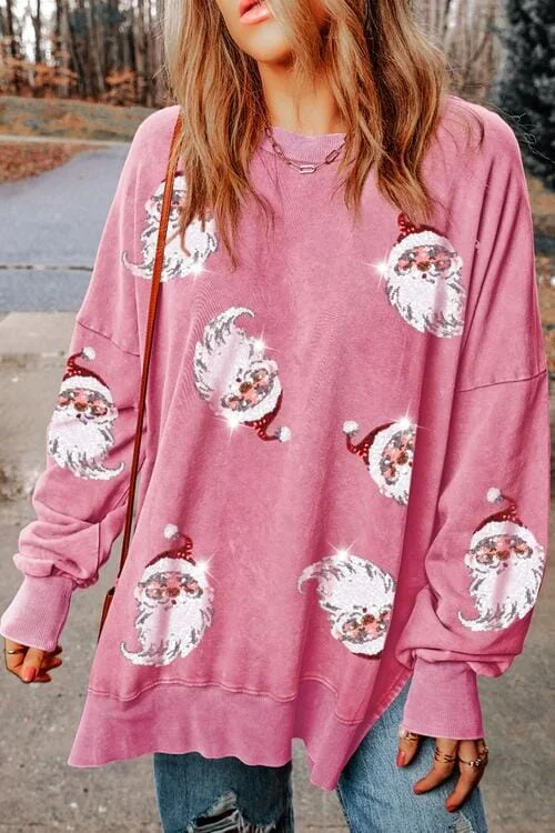 Hoodies & Sweatshirts flash sale-Sequin Santa Pink Drop Shoulder Slit Sweatshirt