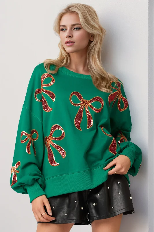 Hoodies & Sweatshirts prototype-Christmas Bow Sequin Round Neck Dropped Shoulder Sweatshirt