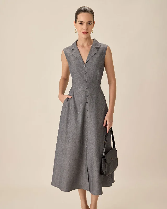 Dresses for knitting circles-Grey V-Neck Button Midi Dress