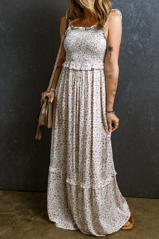 Dresses for sunrise weddings-Ruffled Smocked Printed Sleeveless Maxi Dress