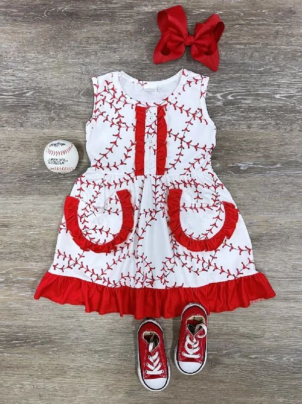 Dresses with pastel shades-Strike 'Em Out Red Ruffle Trim Girls Baseball Stitch Dress