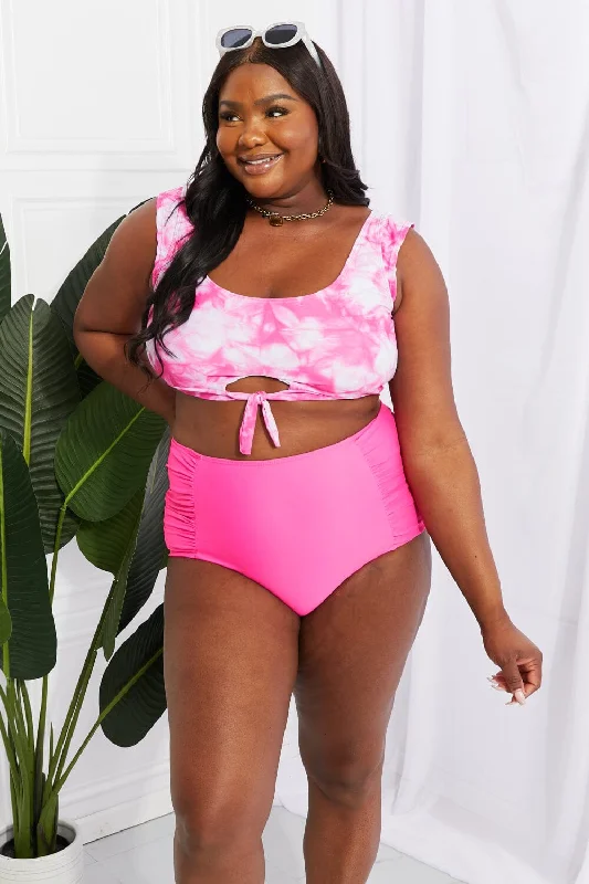 Best budget earbuds 2025-Marina West Swim Sanibel Crop Swim Top and Ruched Bottoms Set in Pink