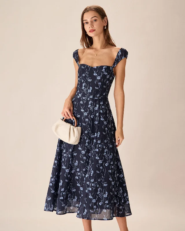 Dresses for dancing-Navy Floral Sweetheart Neck Midi Dress