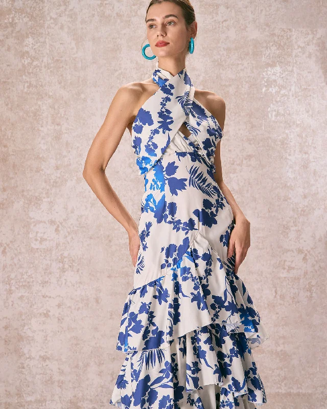 Dresses for cottages-The Blue Halter Cut Out Ruffle Maxi Dress