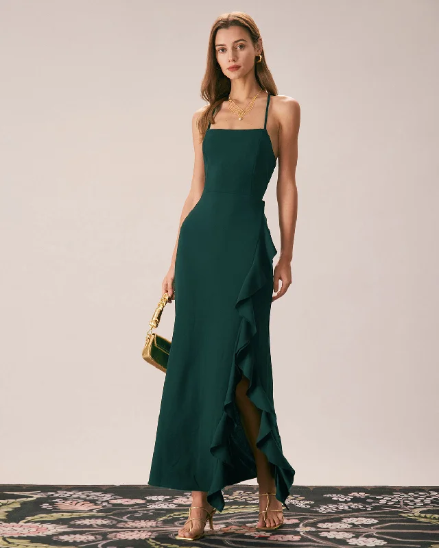 Dresses for dance recitals-The Green Ruffle Cross Back Strap Maxi Dress