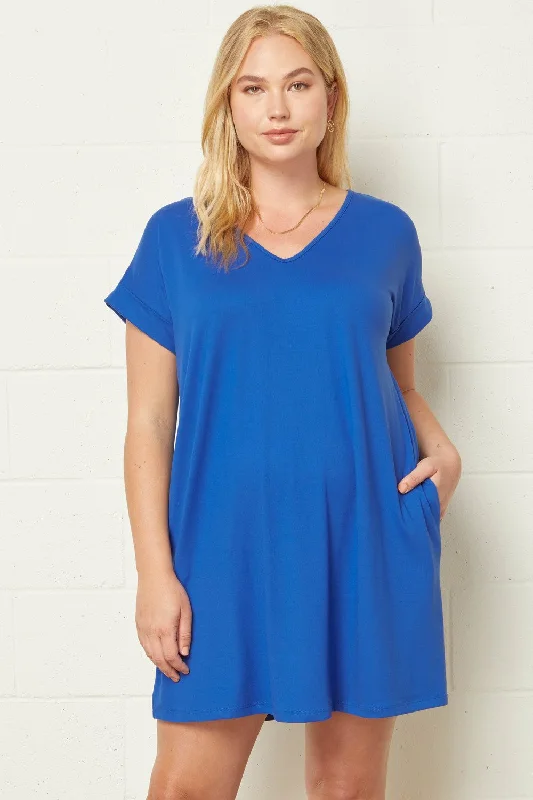 Dresses for brand launches-Cuffed Sleeve V-Neck T-Shirt Dress with Pockets in Plus Size by Entro