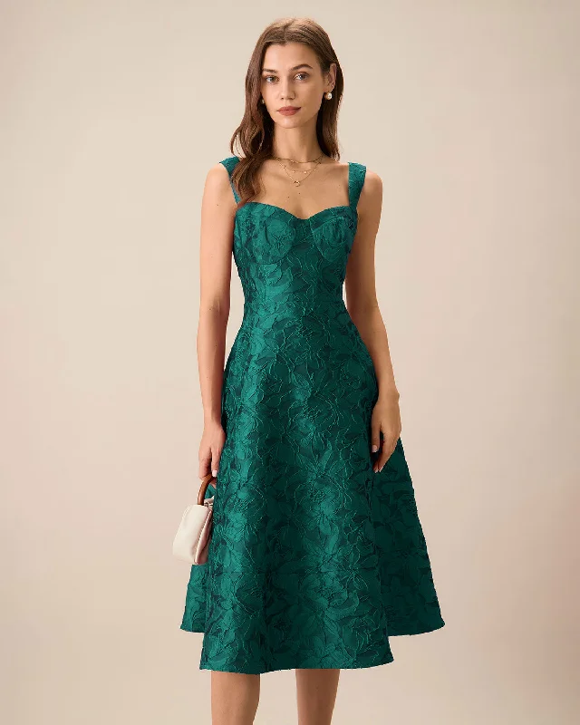 Dresses for funerals-Green Sweetheart Neck Jacquard Midi Dress