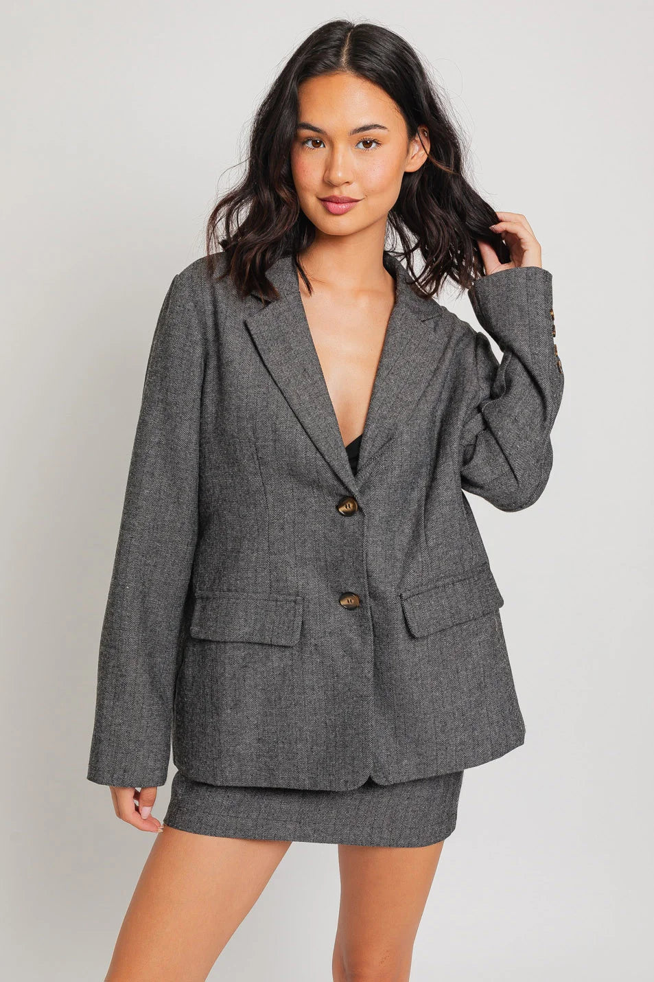 Jackets with utility-Oversize Tweed Boyfriend Fit Front Pocket Blazer Jacket