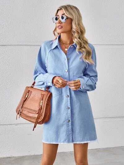 Dresses for seminars-Raw Hem Button Up Denim Dress