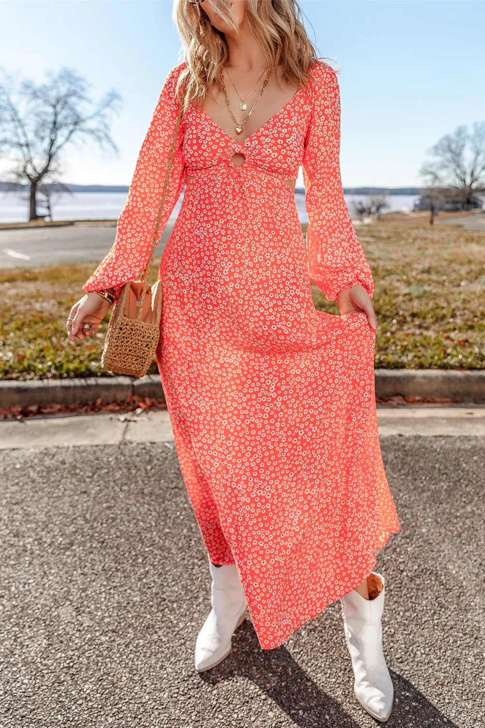 Dresses for fall deals-Printed V-Neck Long Sleeve Midi Dress