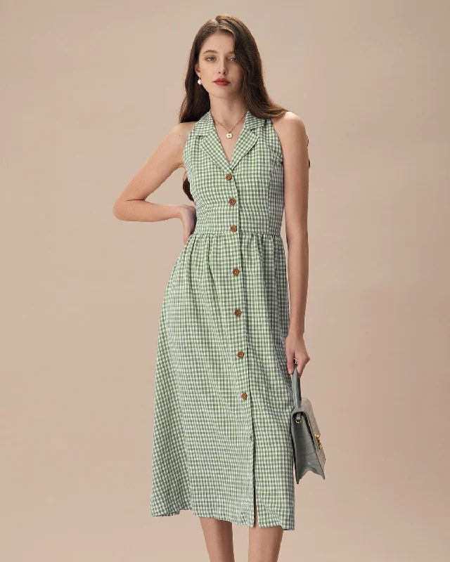 Dresses for circus events-The Green Lapel Plaid Sleeveless Shirt Midi Dress