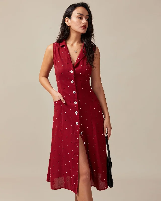 Dresses with bold colors-The Red V Neck Polka Dot Tie Back Midi Dress