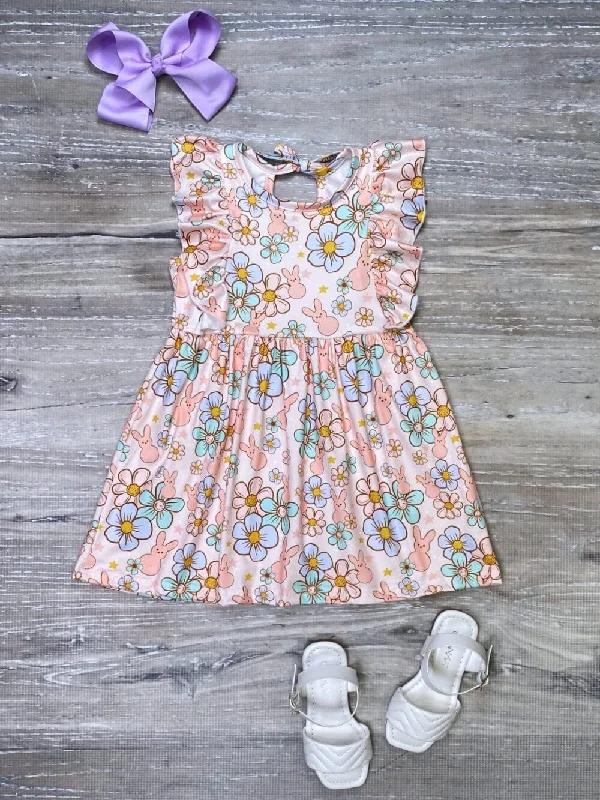 Dresses for reunions-Too Groovy Rabbit Floral Flutter Sleeve Girls Dress