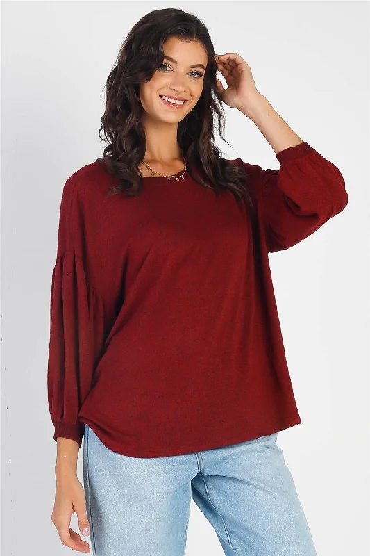 Best travel credit cards-Burgundy Long Sleeve Puff Ballon Top