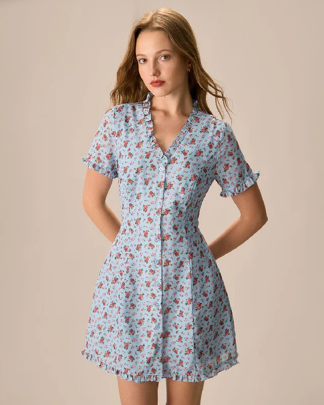 Dresses for eco-friendly style-The Blue V Neck Frill Trim Floral Mini Dress