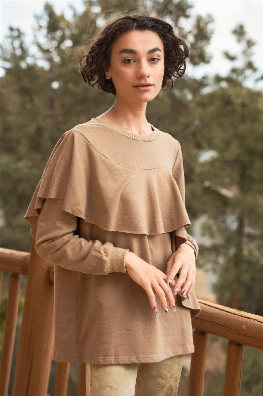 Best outdoor camping gear-Mocha Ruffled Crew Neck Long Sleeve Top